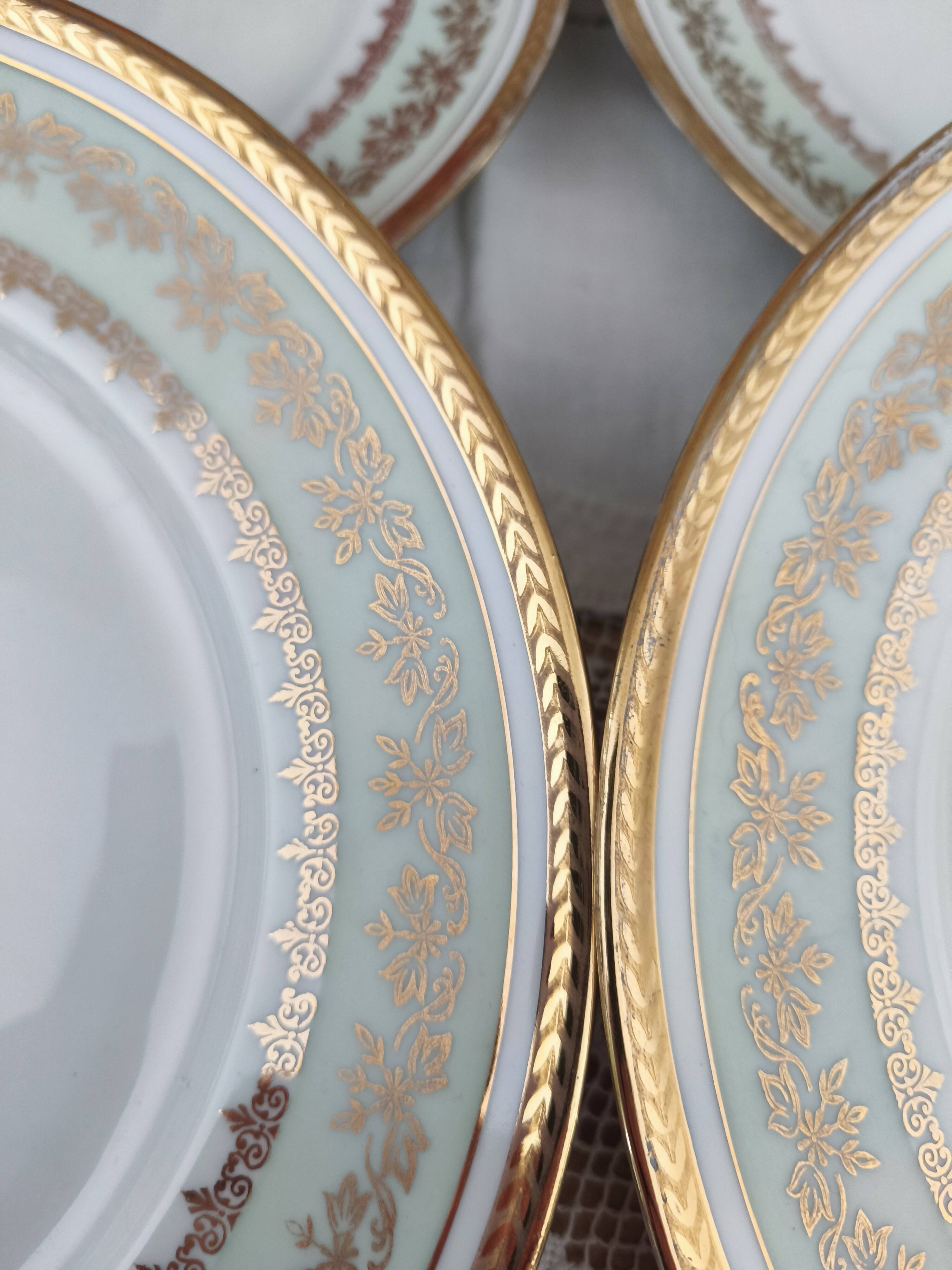 Set of 8 PL France porcelain dinner plates, water green marli and frieze