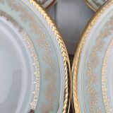 Set of 8 PL France porcelain dinner plates, water green marli and frieze