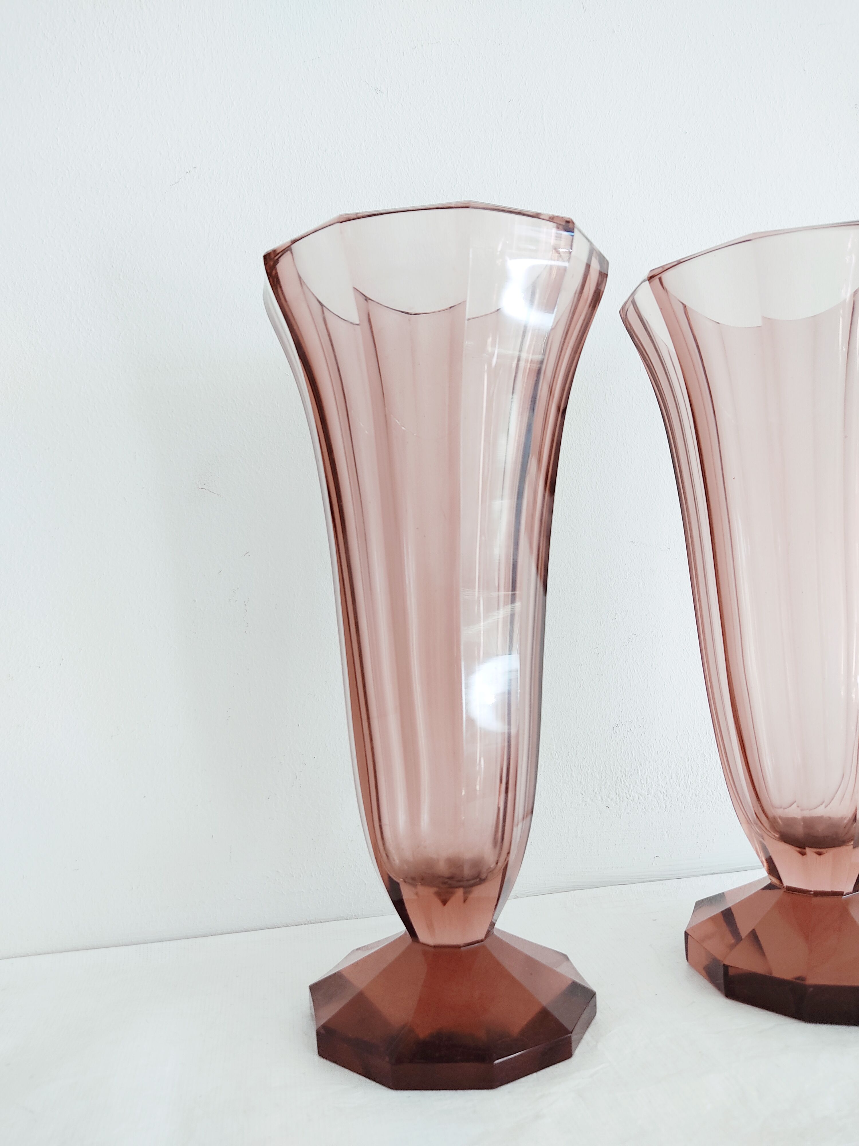 Pair of dark pink crystal vase art deco
