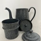 Ancienne cafetière tôle émaillée, gris moucheté