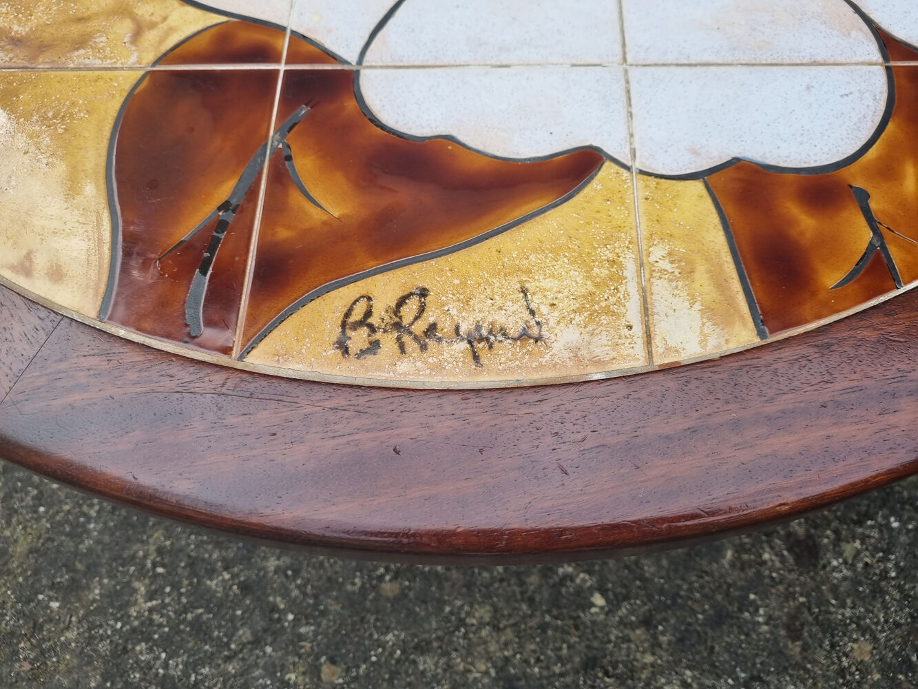 Round coffee table, B. Raynaud ceramics, flowers, vintage, 70s
