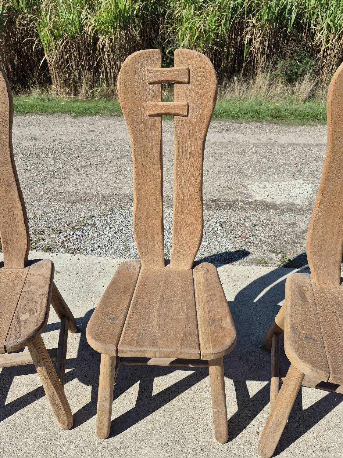 Set 4 vintage brutalist dining chairs De Puydt Belgium solid oak