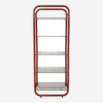 1980s Red Memphis Milano Style Etagere Shelving Display Vintage Clear Glass 80s Ettore Sottsass