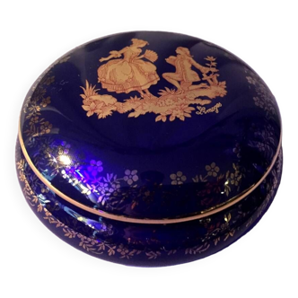 Candy or jewelry box in night blue and gold limoges porcelain with romantic floral pattern