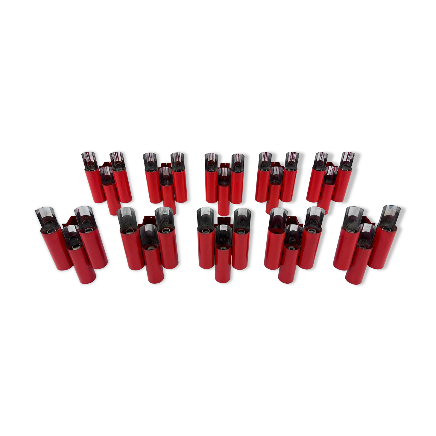 Set of 10 mid-century red and chrome wall lamps by Stilnovo, Italy 1970s