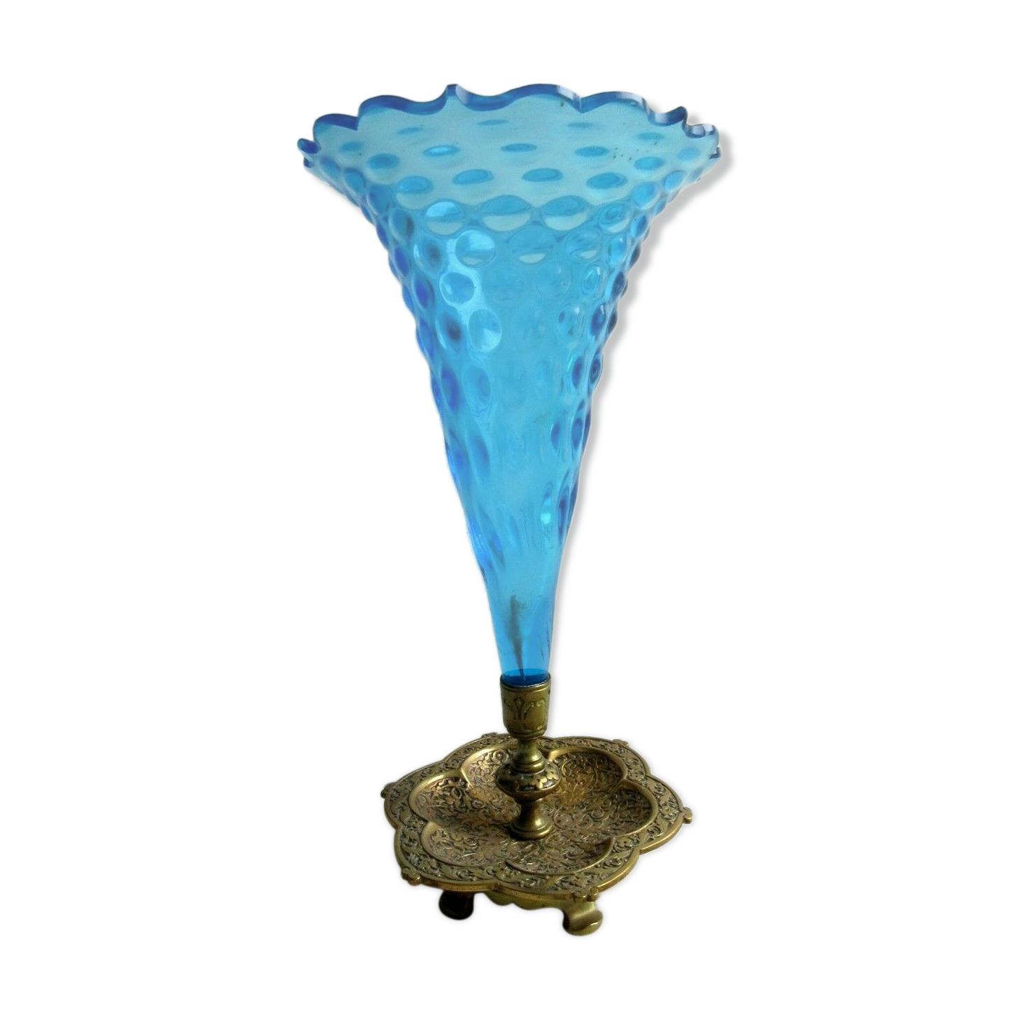Napoleon III vase conical blue glass on cup and brass foot