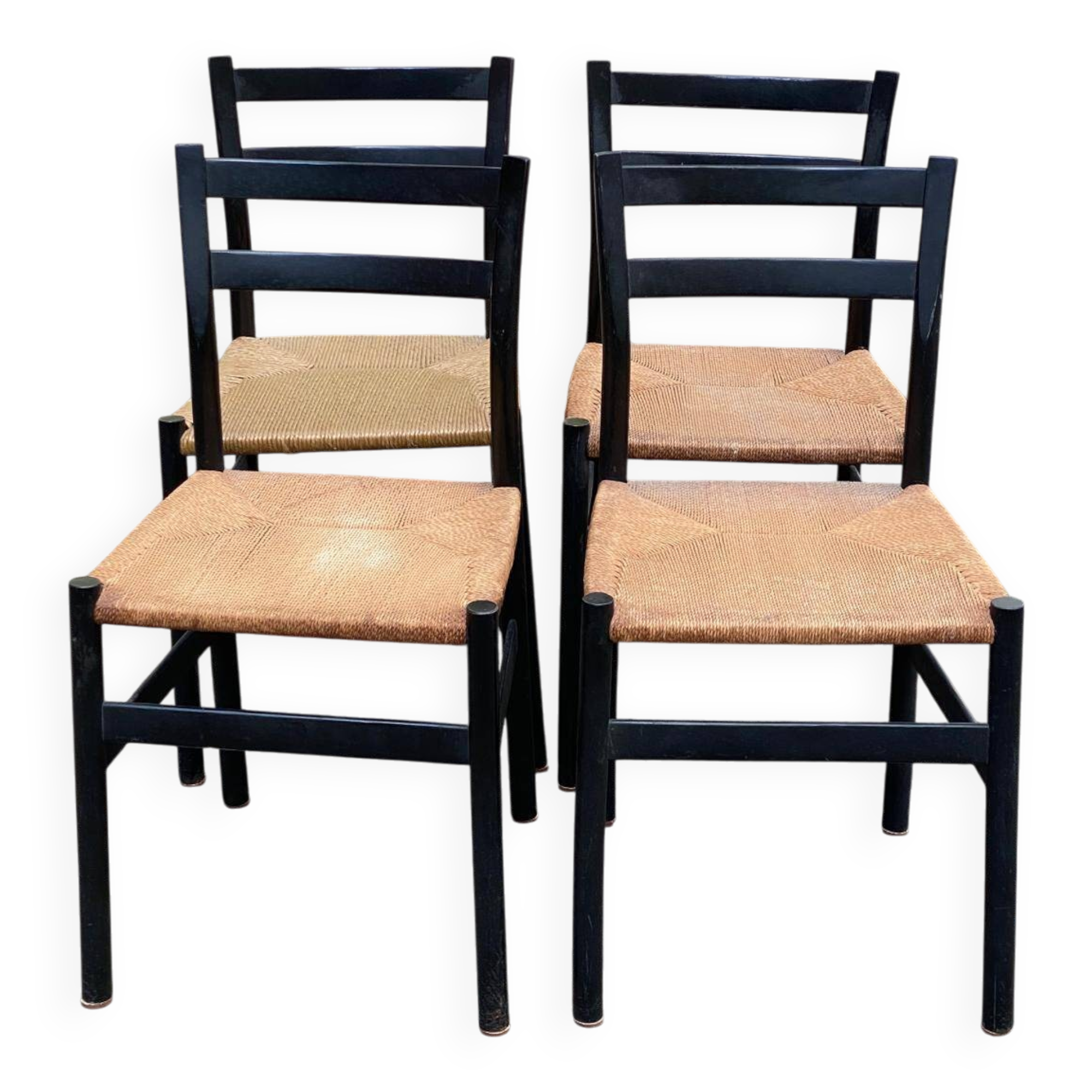 4 chaises scandinaves italiennes Gessef noires bois massif et cordage
