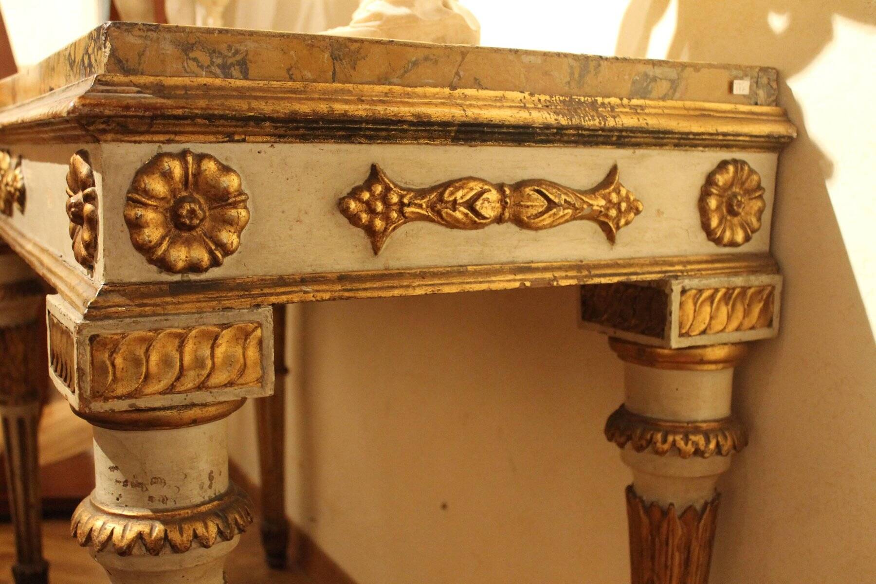 Italian Louis XVI White Lacquer and Giltwood Console with Scagliola Siena Marble Top