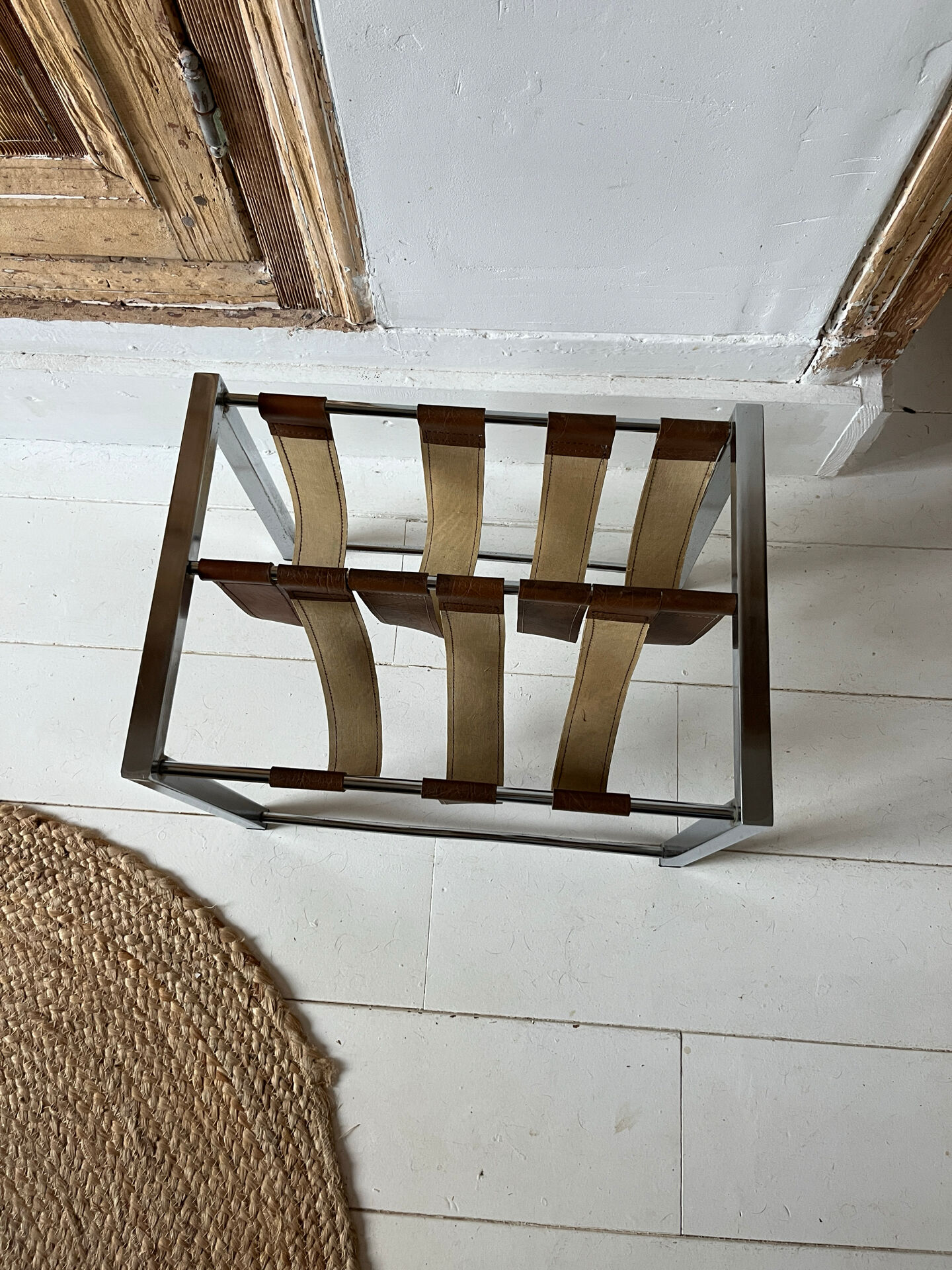 Vintage chrome steel and leather magazine rack – 1970s