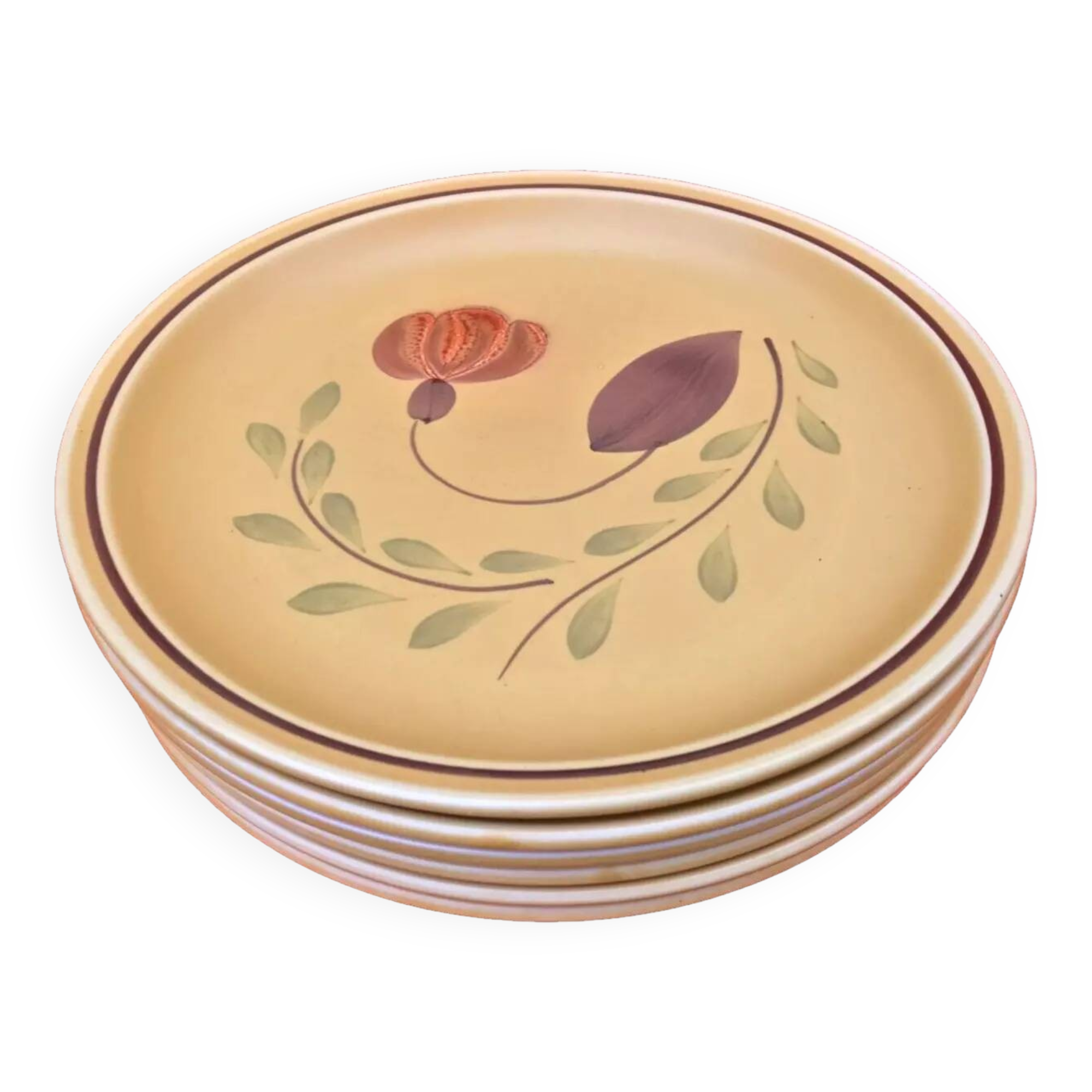 1960s 6 flat plates Ateliers du Revernay France (Digoin Saône-et-Loire) Matte stoneware