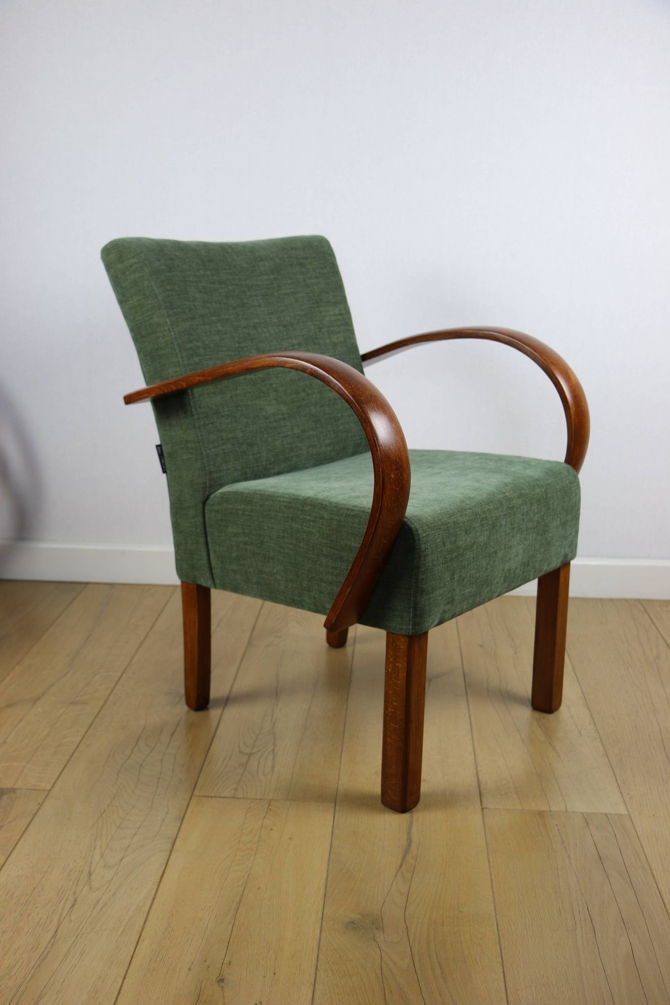 Fauteuil vintage Art Déco en bois courbé et tissu vert olive
