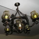 Lustre et ses 2 appliques en fer forgé 1960