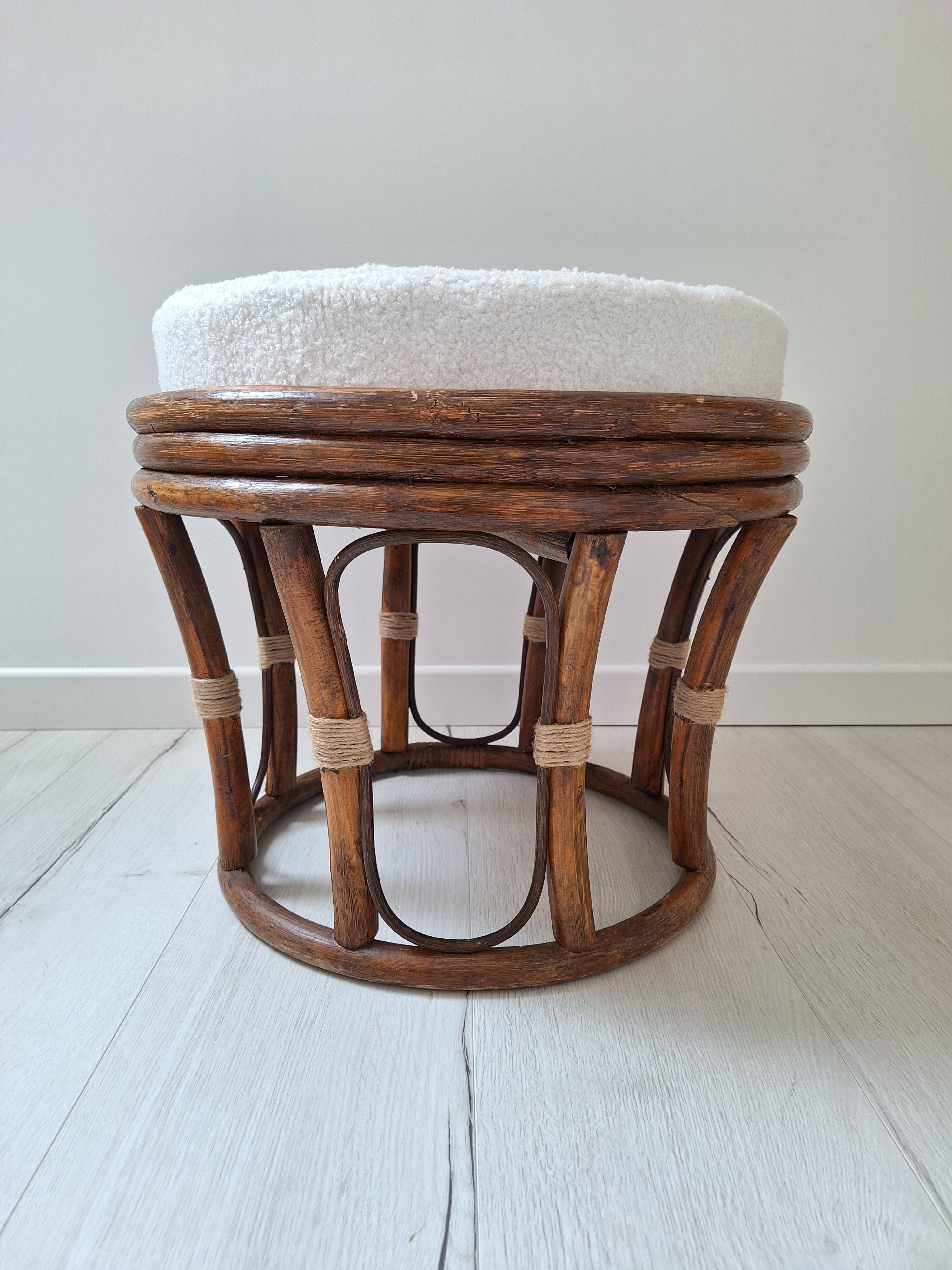 Rattan and boucle fabric pouf