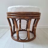 Rattan and boucle fabric pouf