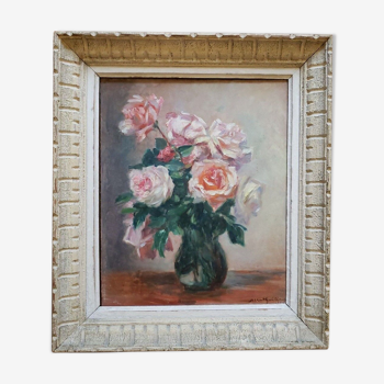 Painting bouquet of roses oil on panel  dated and signed 1948