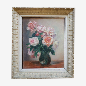 Tableau  bouquet de roses huile sur panneau datée et signée 1948