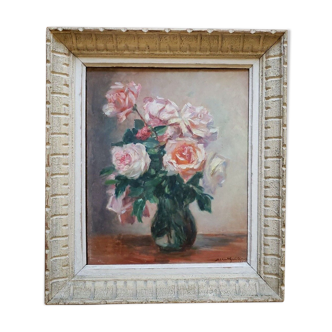 Tableau  bouquet de roses huile sur panneau datée et signée 1948