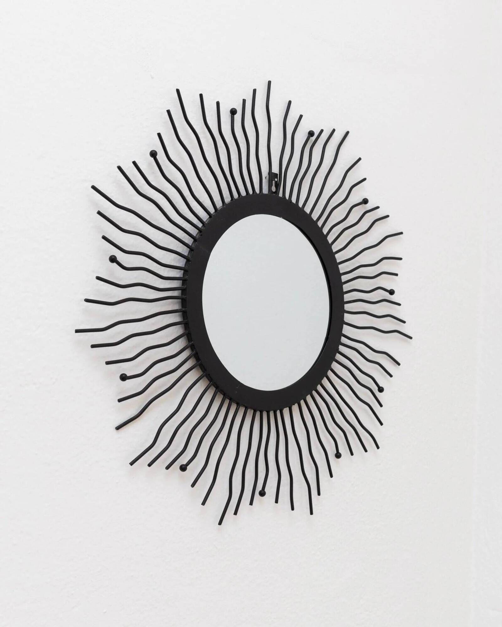 Black metal sunburst wall mirror, round 63x63 cm, vintage 1990s, made in Italy