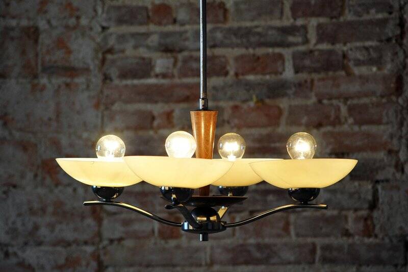 Art Deco Chandelier in Chromed Steel and Beech, Czech, 1920s