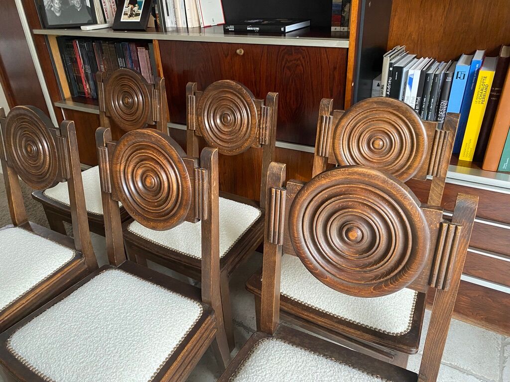 Etienne Kohlmann Art Déco chairs in oak and bouclette fabric, 1930, set of 6