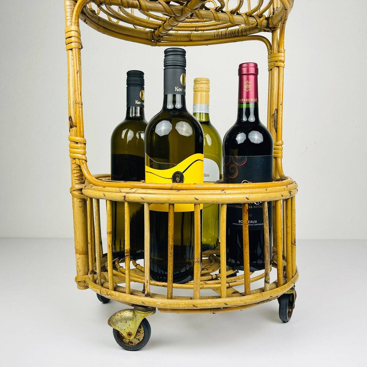 Vintage round service trolley in bamboo and rattan, 1960s