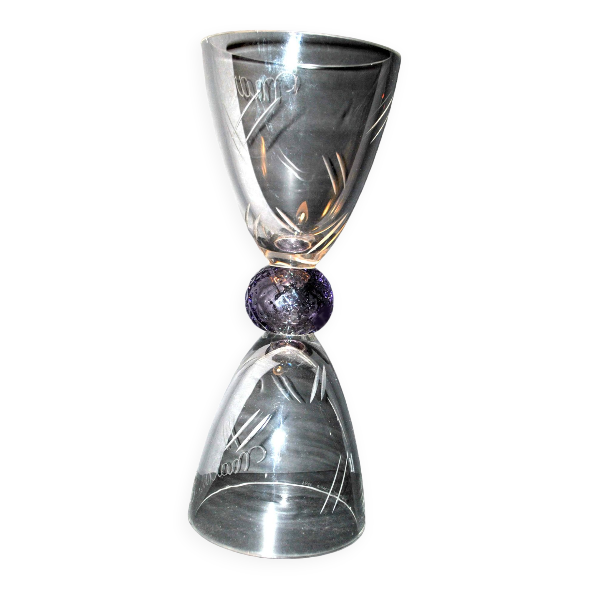 Chalice cup in engraved blown glasses signed Véronique Monod 1994 Contemporary glassmaker Biot