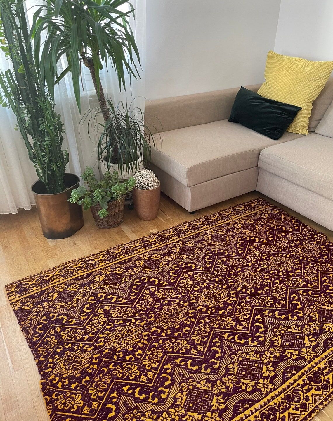 Vintage Romanian carpet design brown purple on yellow background 185x130cm