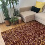 Tapis vintage roumain design marron violet sur fond jaune 185x130cm