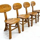 French Modern 3-Legged Chairs & Table in Solid Oak, 1970s