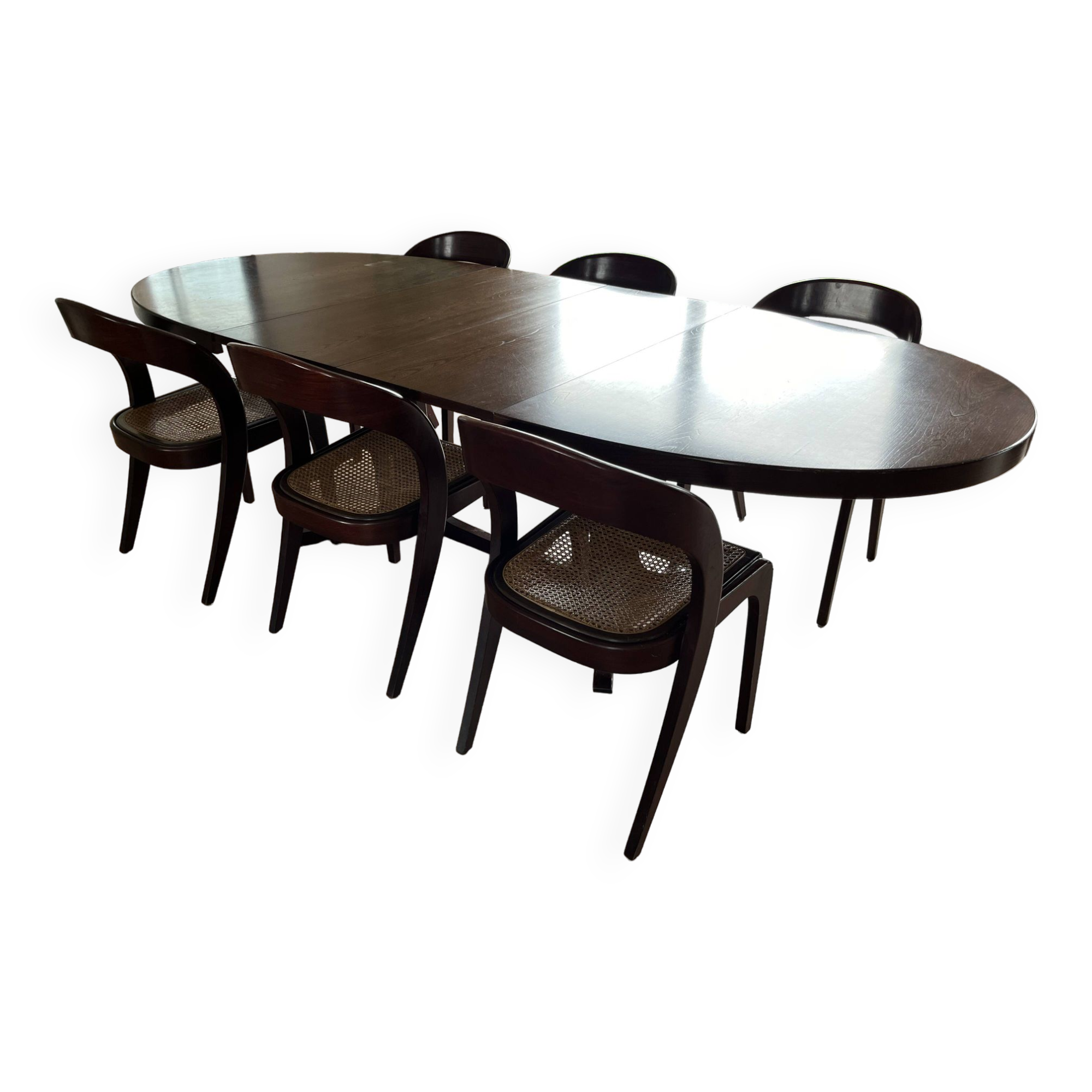 Baumann oval extendable dining room table and 6 Baumann Sled chairs known as gondola