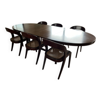 Vintage Baumann oval extendable dining table + 6 Baumann SLED chairs (seat 14) known as gondola