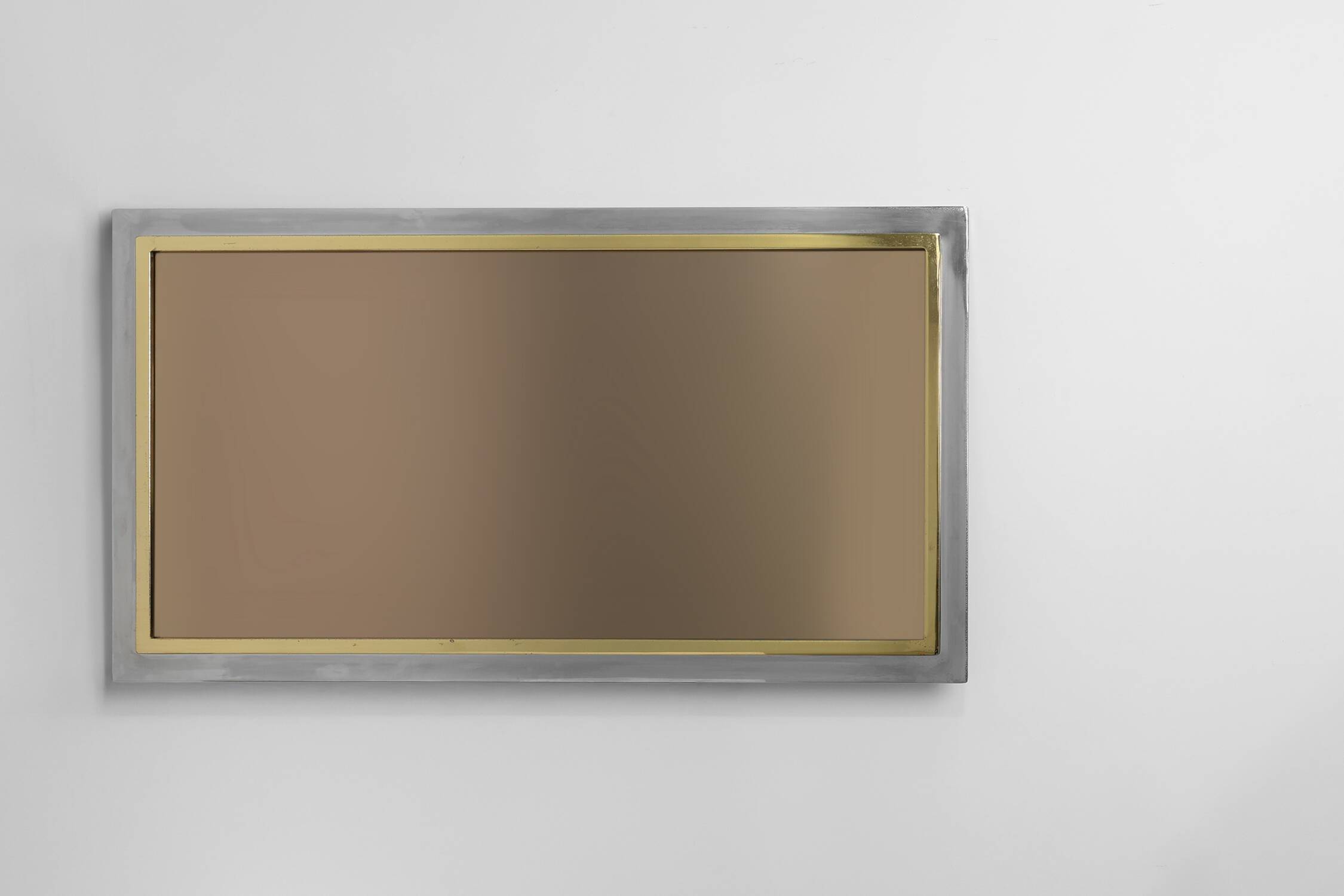 Large Mid-Century Belgo Chrome Mirror in Metal and Fumé Glass, Belgium 1980
