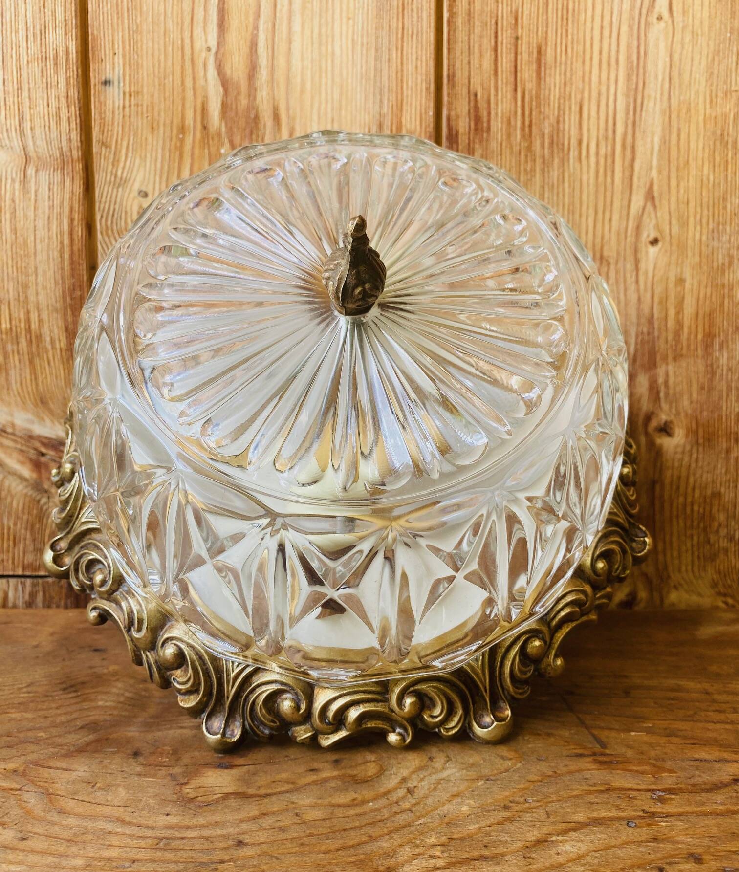 Glass and chiseled bronze ceiling light from the 50s/60s