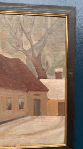 Original Swedish Oil on Canvas “House” by Unknown Artist Vintage & Framed
