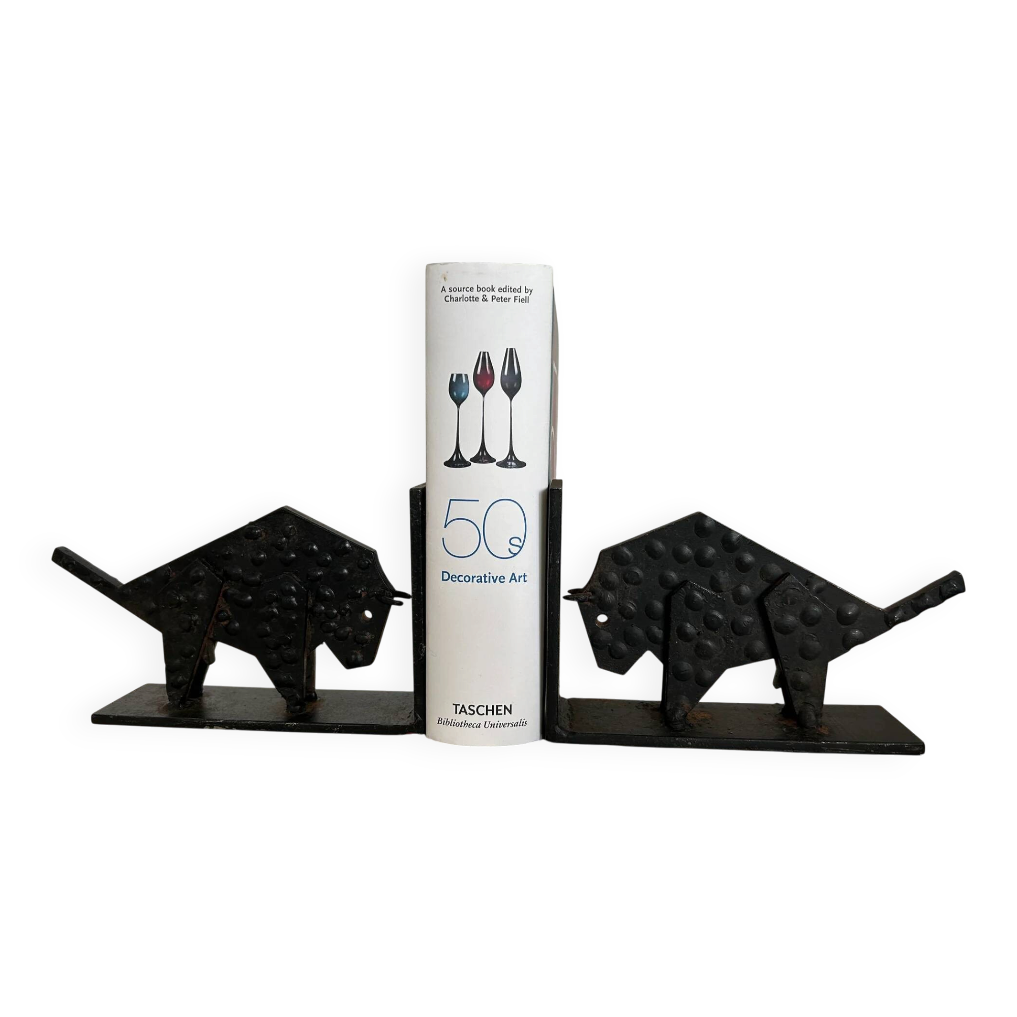Pair of brutalist buffalo / bison bookends, black metal, mid-century