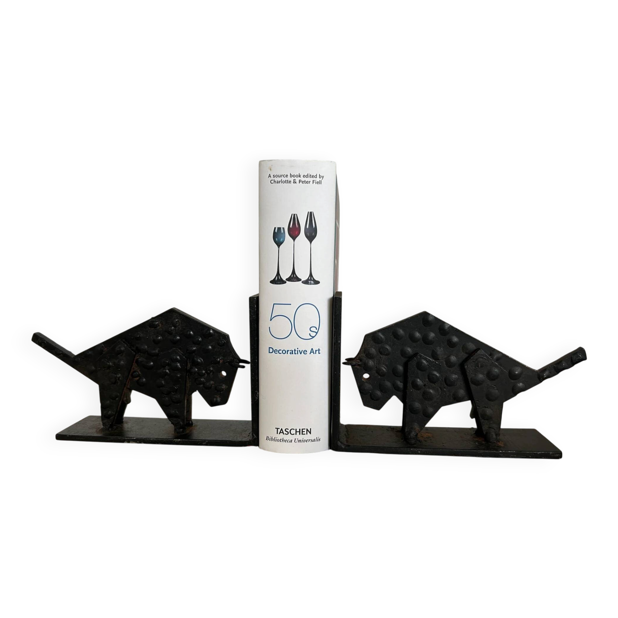 Pair of brutalist buffalo / bison bookends, black metal, mid-century