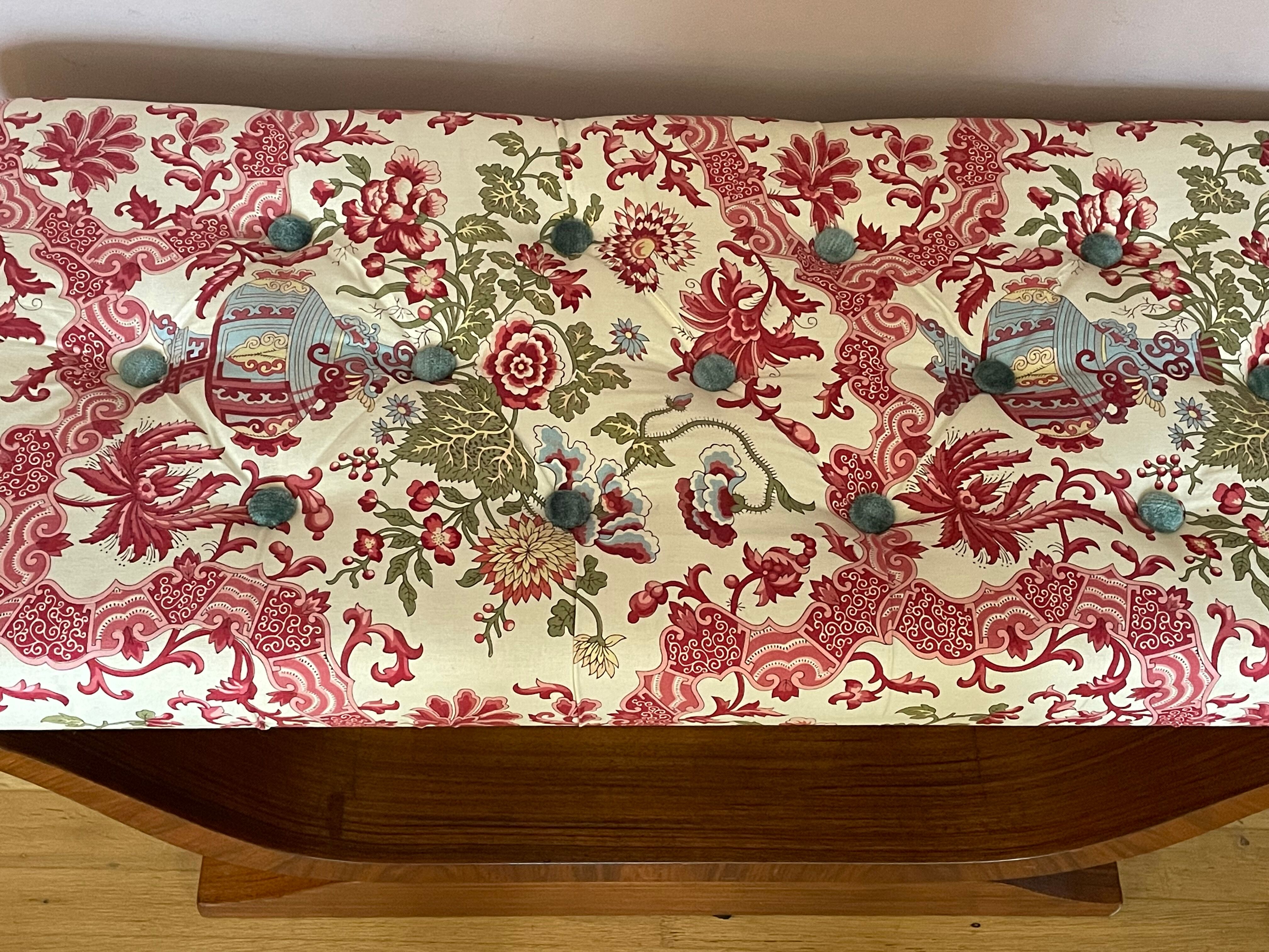 Art-deco walnut bench with floral fabric