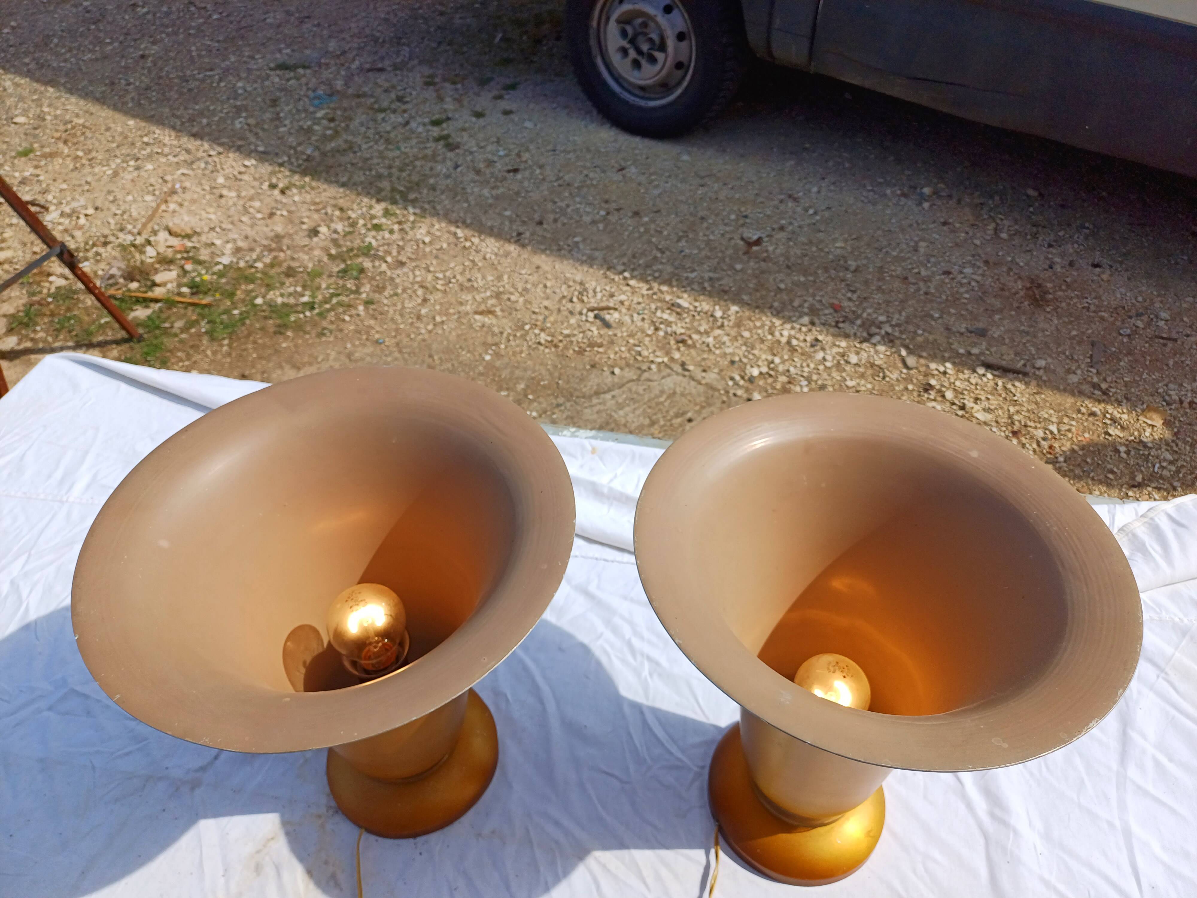 Pair of golden aluminum lamps from the 1960s