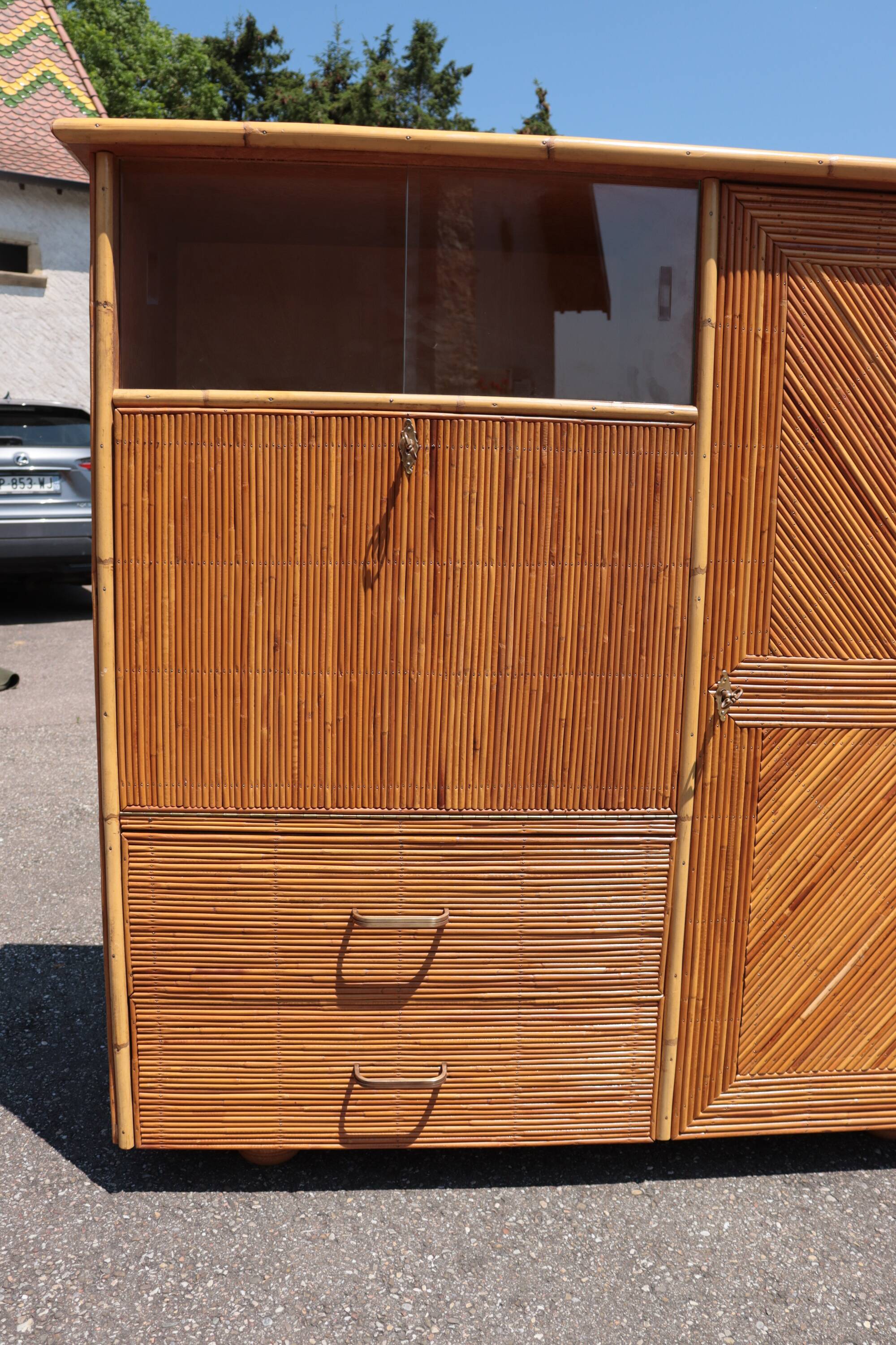 Rattan wardrobe/secretary Audoux & Minnet  style 1950