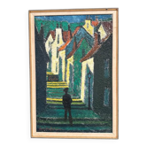 Huile sur panneau d'origine suédoise - "Promenade mellan hus" par Erik Håfström - Signé - Vintage et encadré