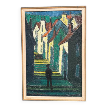Original Swedish Oil on Panel - "Promenade mellan hus" by Erik Håfström - Signed - Vintage and Framed