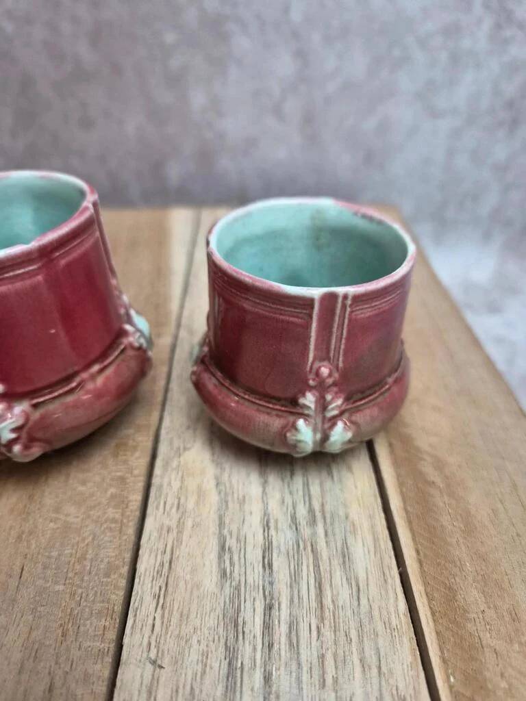 Antique majolica barbotine set – tray and 4 small pots – Art Nouveau