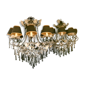 Pair of chandeliers in lacquered metal and faceted pearls