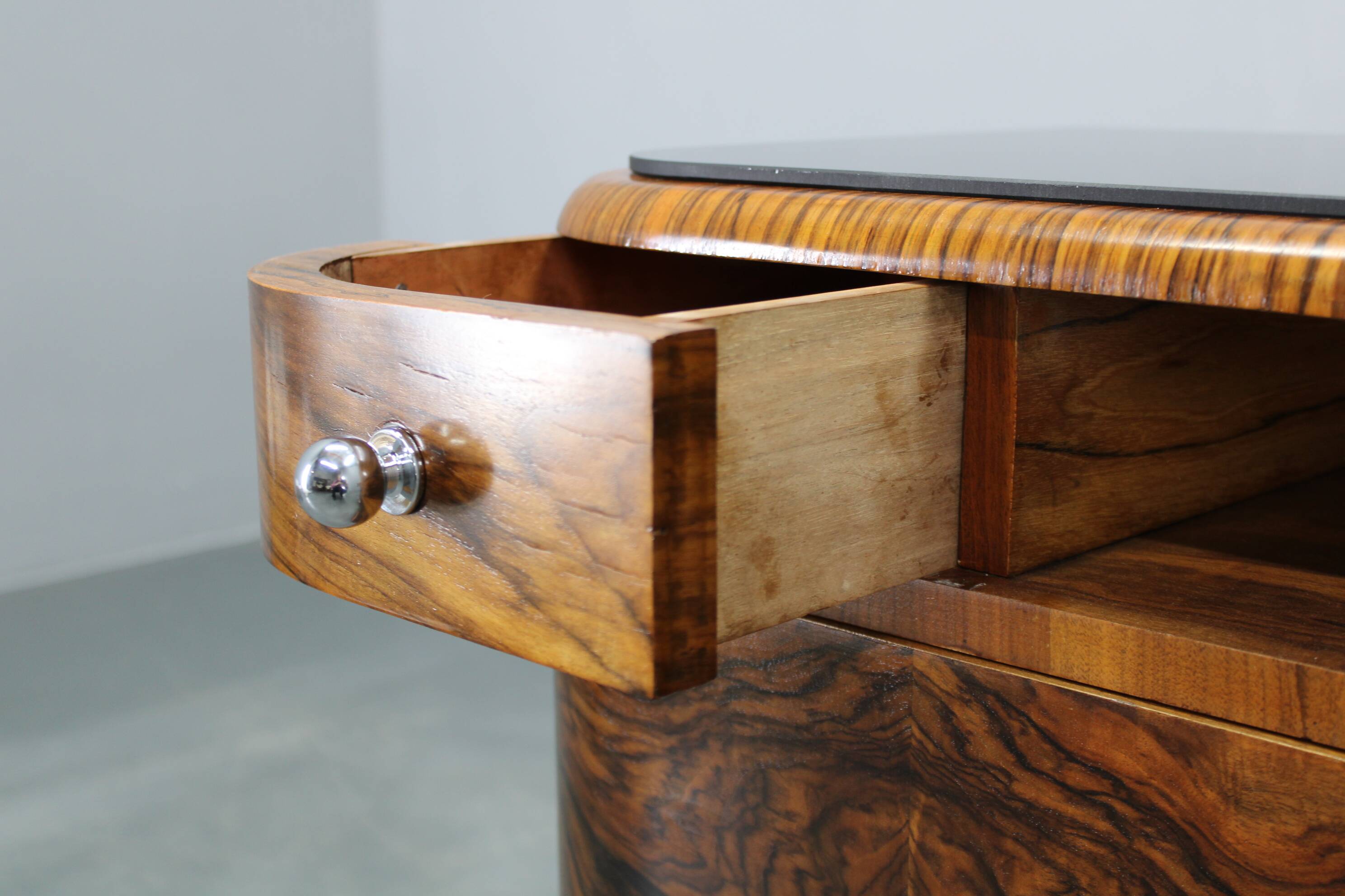 Pair of Art Deco walnut bedside tables from the 1930s.
