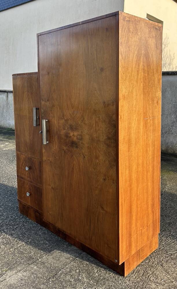 Asymmetrical wardrobe, Art Deco, 1930s walnut burl, wardrobe, shelves, drawers