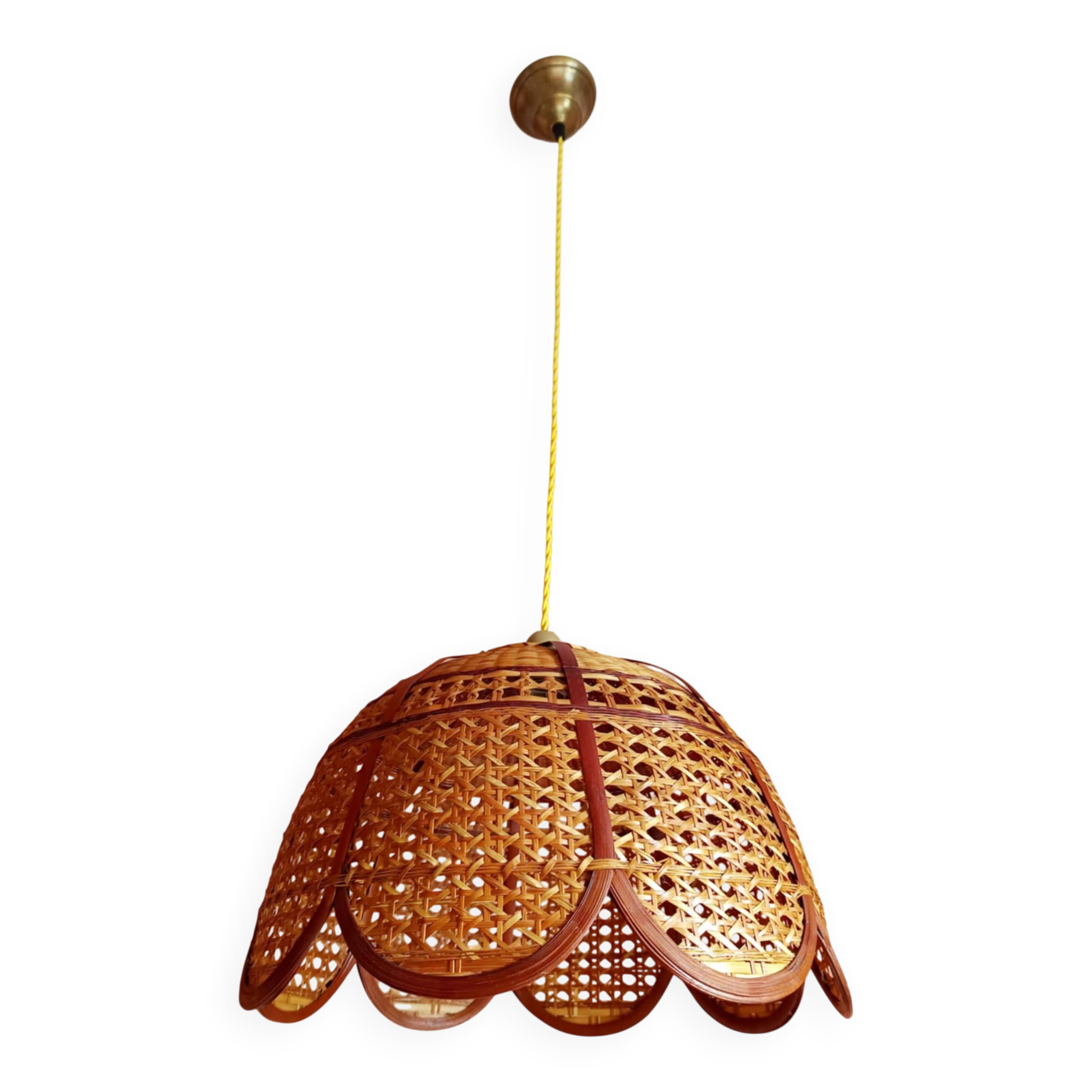 Large cane and rattan vintage bohemian suspension from the 1970s.