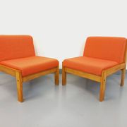 Set of 2 vintage Baumann armchairs in orange fabric and wood from the 80s