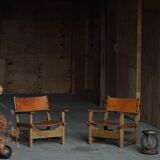 Pair of Spanish brutalist armchairs from the 1960s, wood and leather.