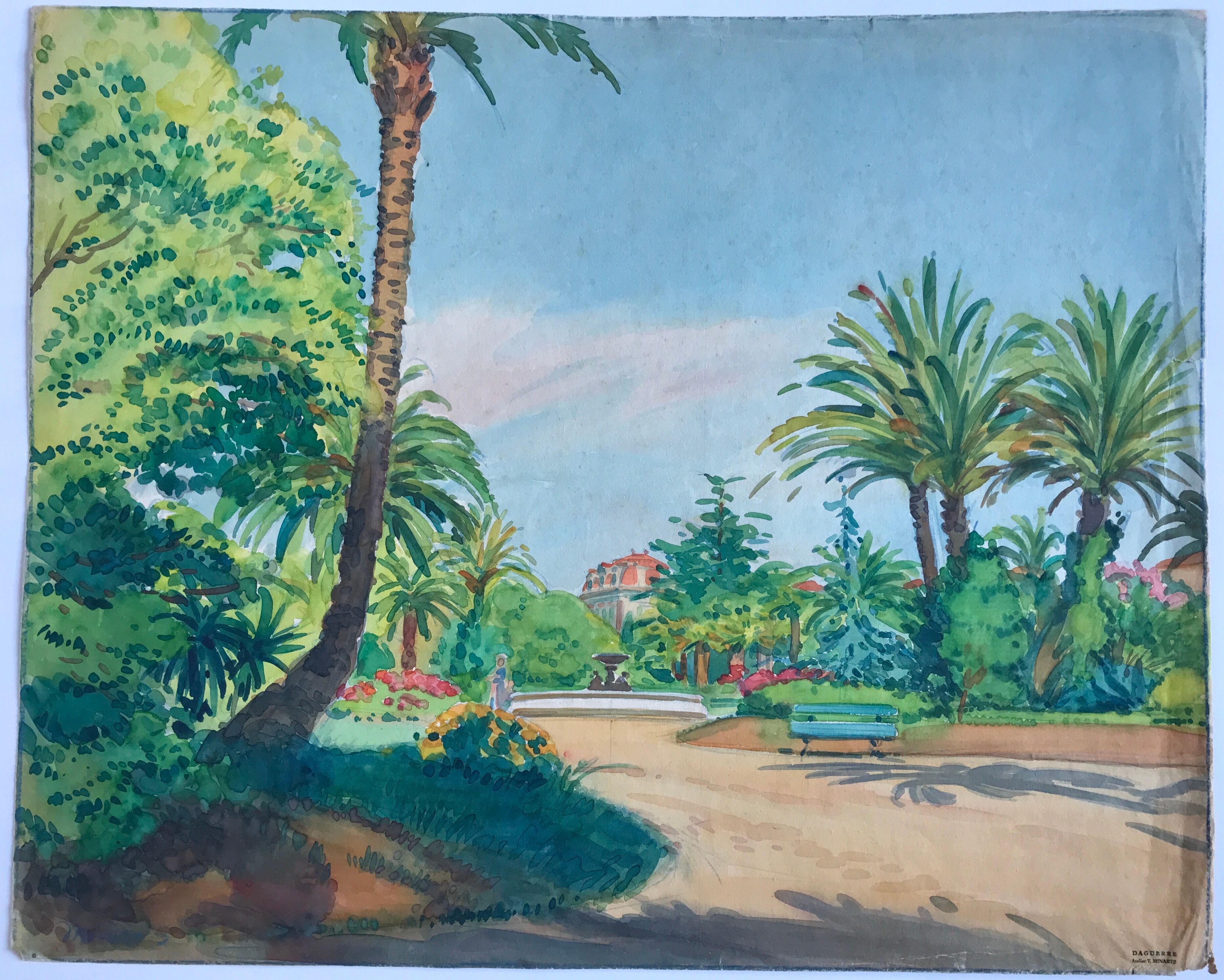 Original watercolor by tony minartz (1870-1944) spring walk in a park on the côte d'azur