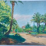 Original watercolor by tony minartz (1870-1944) spring walk in a park on the côte d'azur